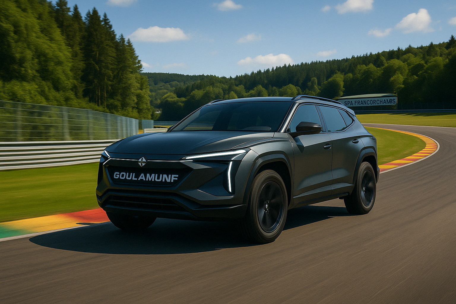 SUV hydrogène Goulamunf lancé à pleine vitesse sur le circuit de Spa-Francorchamps, illustrant ses performances sportives et sa tenue de route.